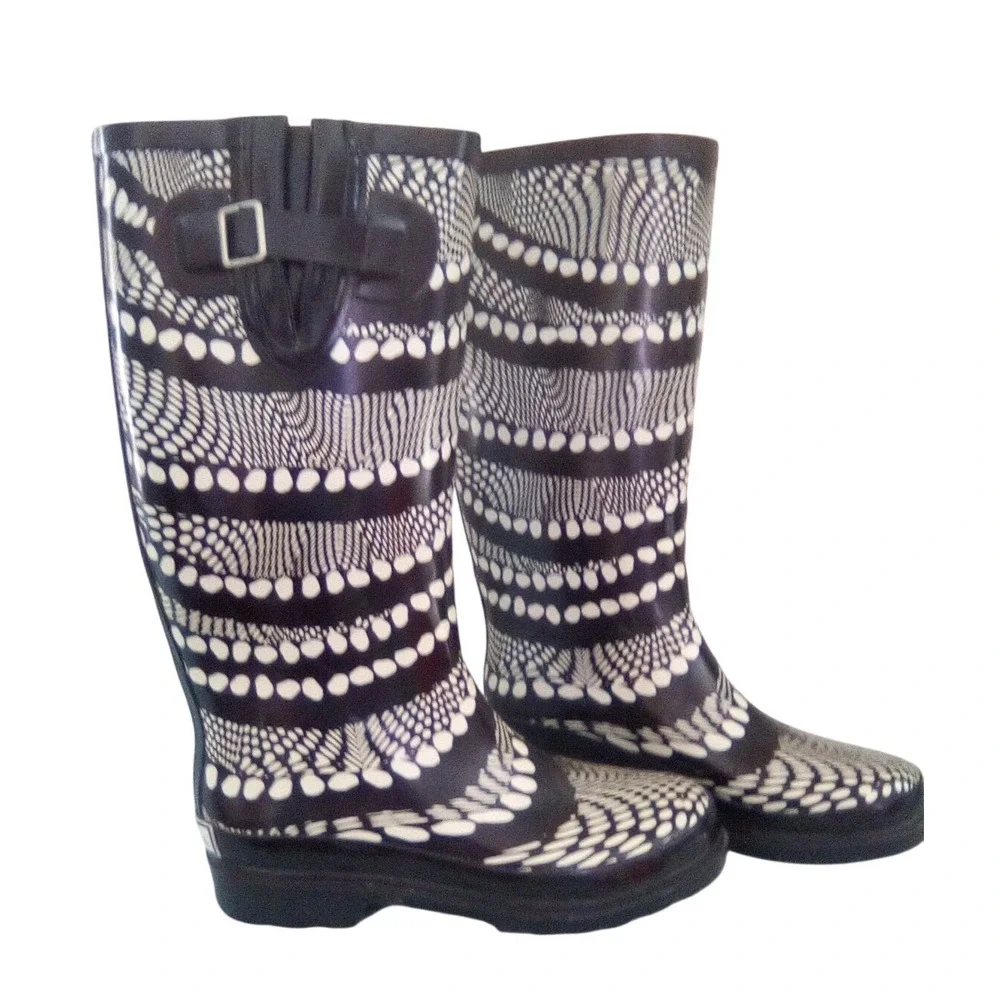 ShedRain Women Black‎ White Optical Illusion Print Tall Rubber Rain Boots Size 7